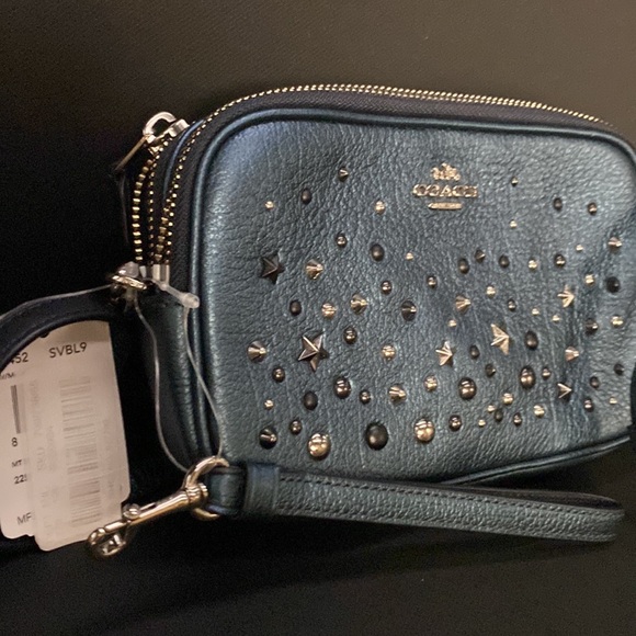 Coach Crossbody Metallic Blue Studded Rivets Star NASA Wristlet Bag Purse Wallet - Picture 4 of 15